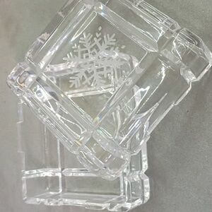Vintage Clear Crystal Jewelry Dish w/Square Lid & Snowflake Etched On Top (2pcs)